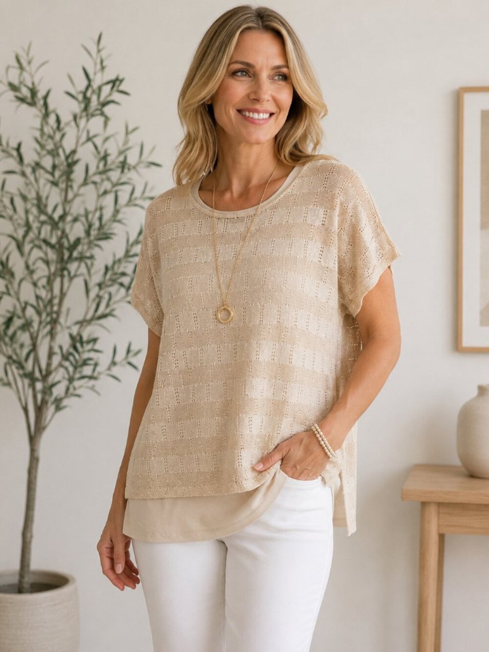 Grace Elements 2-Piece Knit Sweater & Tank Set NWT Size Large Beige